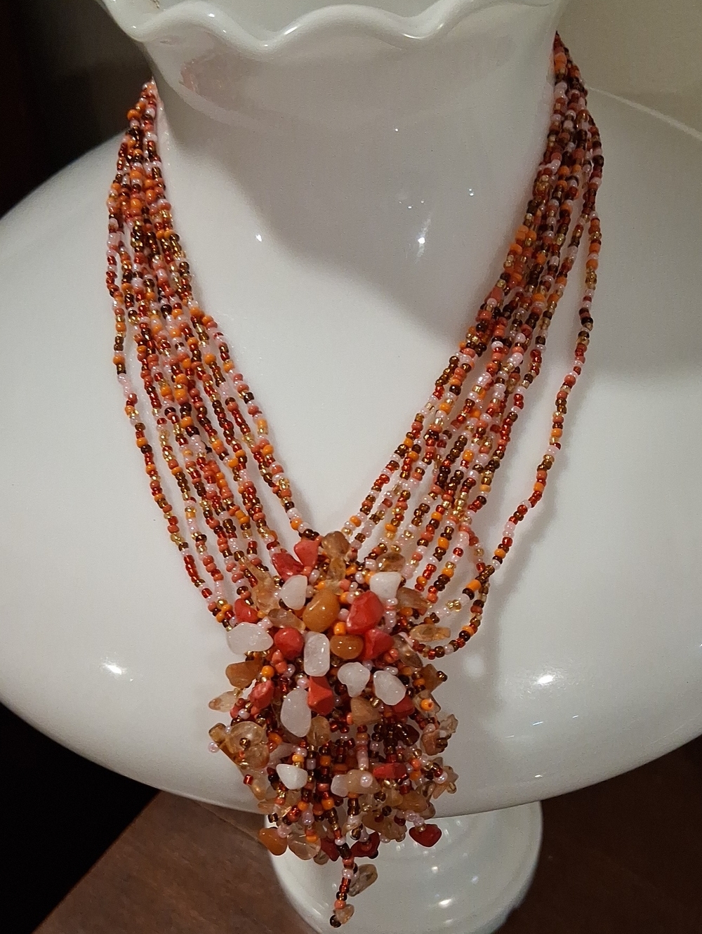 Multistrand Orange and White Beaded Cluster Necklace